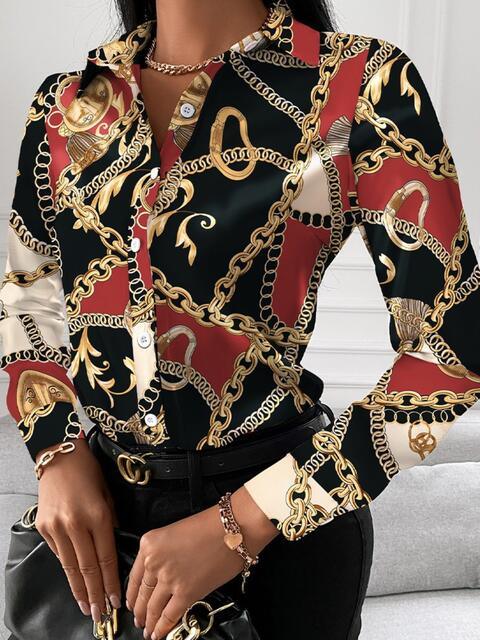 Printed Collared Neck Long Sleeve Shirt - Immenzive