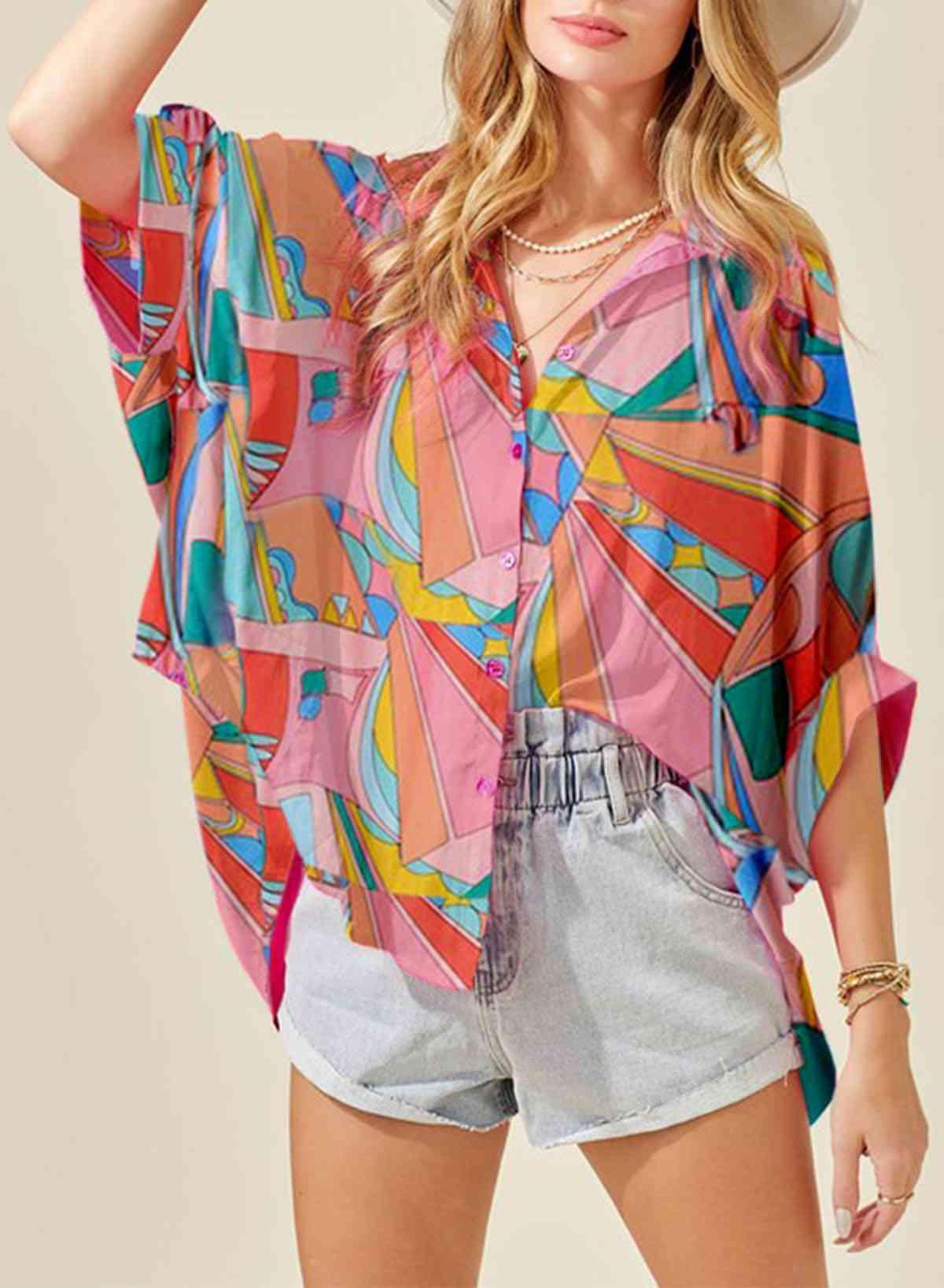 Printed Dolman Sleeve Collared Shirt - Immenzive