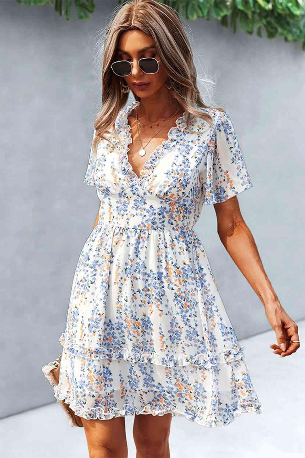 Printed Flutter Sleeve V-Neck Dress - Immenzive