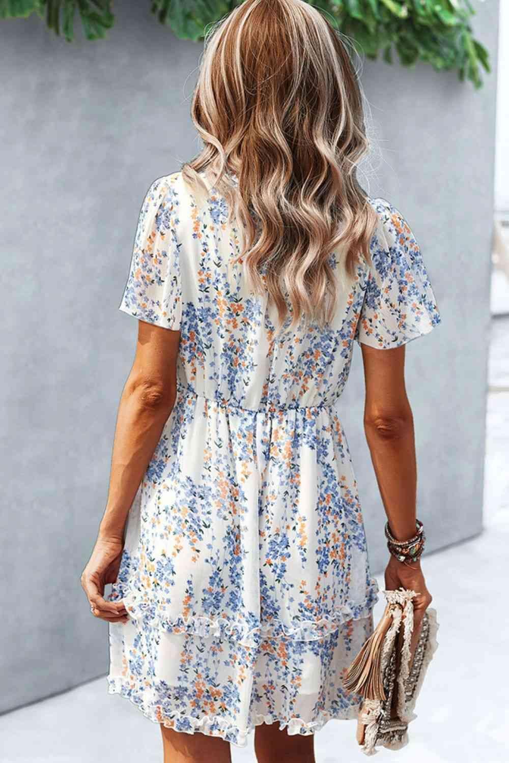 Printed Flutter Sleeve V-Neck Dress - Immenzive