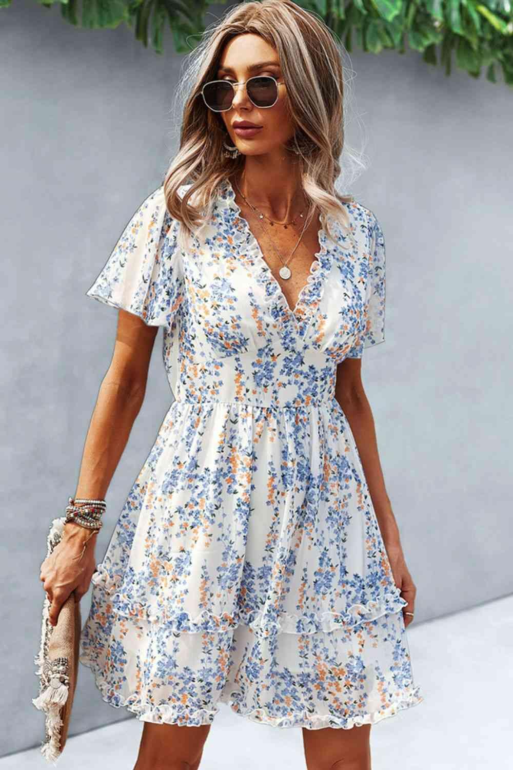 Printed Flutter Sleeve V-Neck Dress - Immenzive