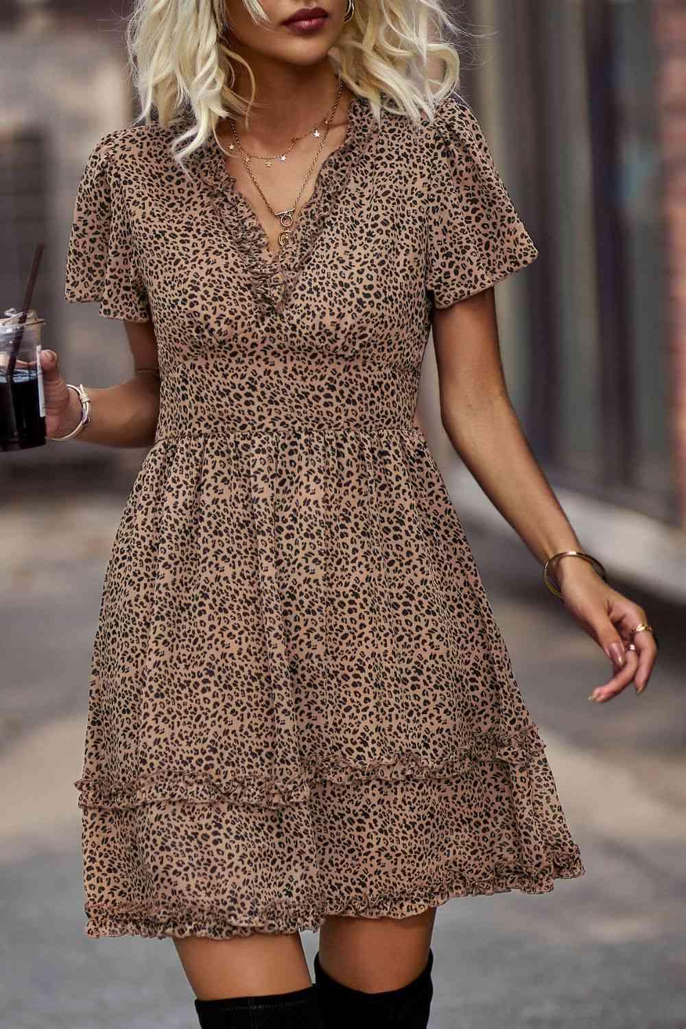 Printed Flutter Sleeve V-Neck Dress - Immenzive