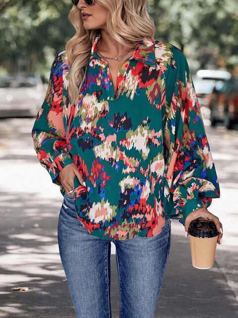 Printed Johnny Collar Long Sleeve Blouse - Immenzive