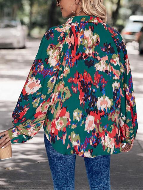 Printed Johnny Collar Long Sleeve Blouse - Immenzive