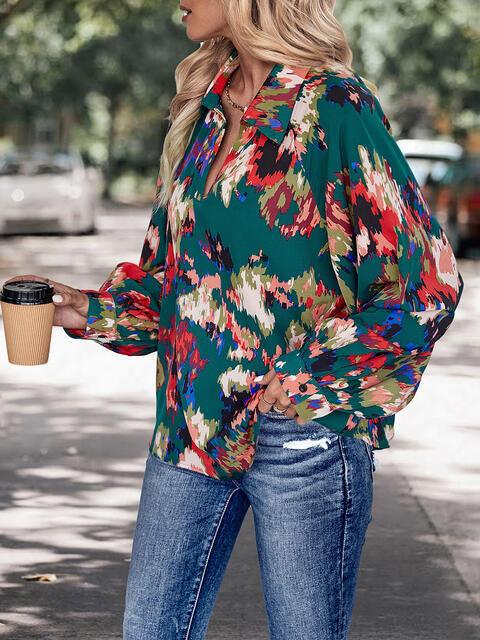 Printed Johnny Collar Long Sleeve Blouse - Immenzive