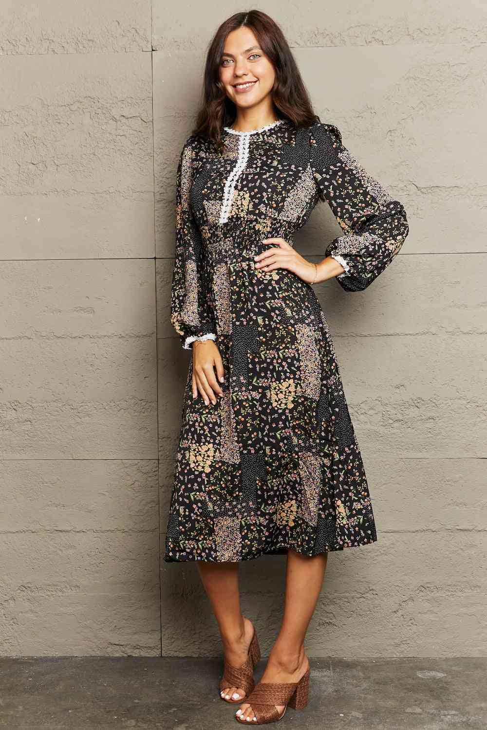 Printed Long Sleeve Round Neck Dress - Immenzive