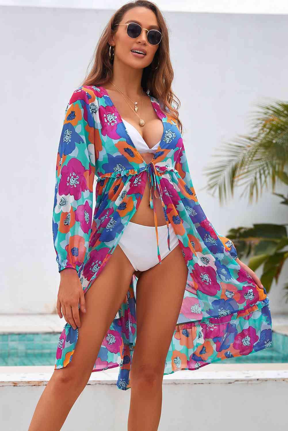 Printed Long Sleeve Tie Front Cover Up - Immenzive