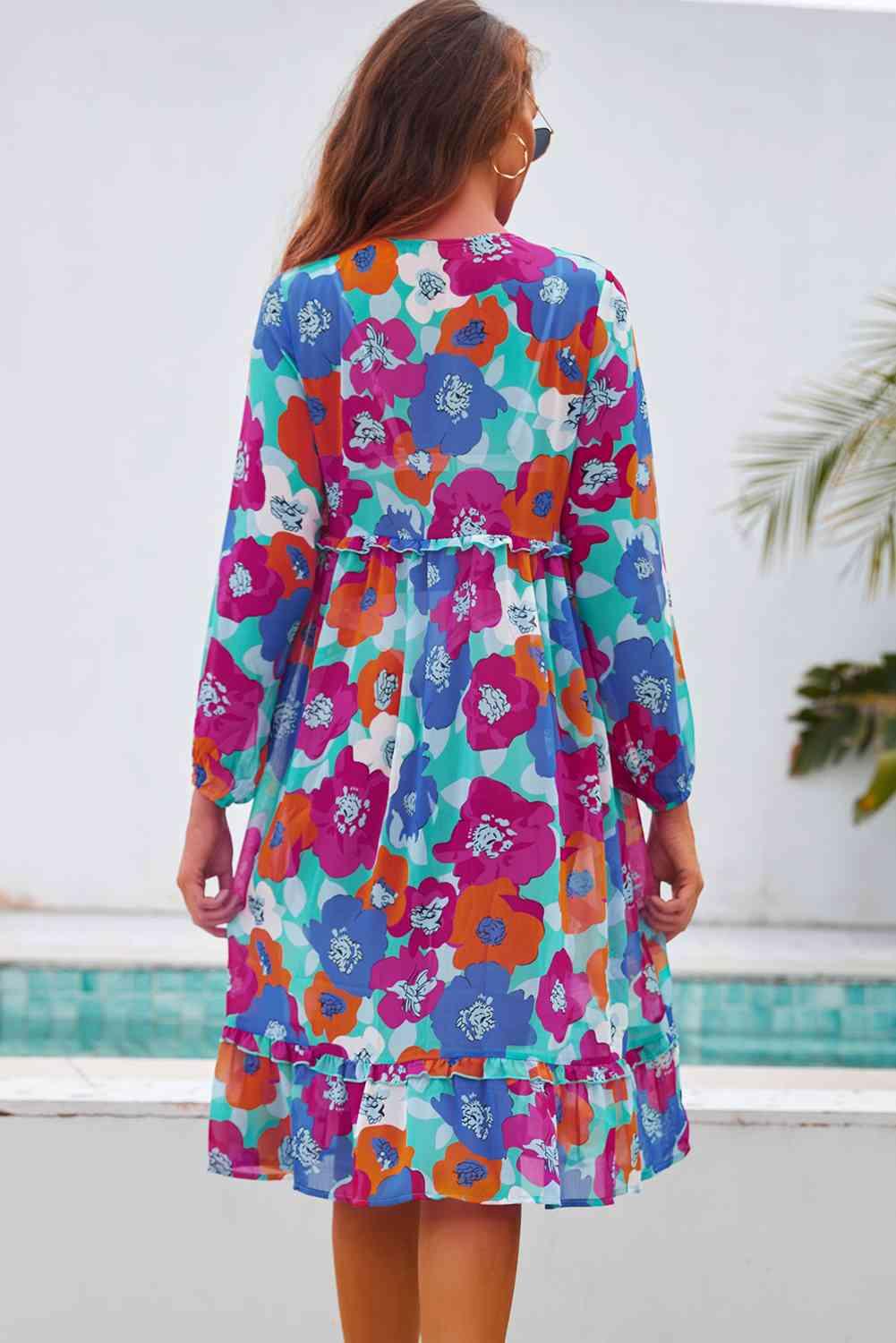 Printed Long Sleeve Tie Front Cover Up - Immenzive