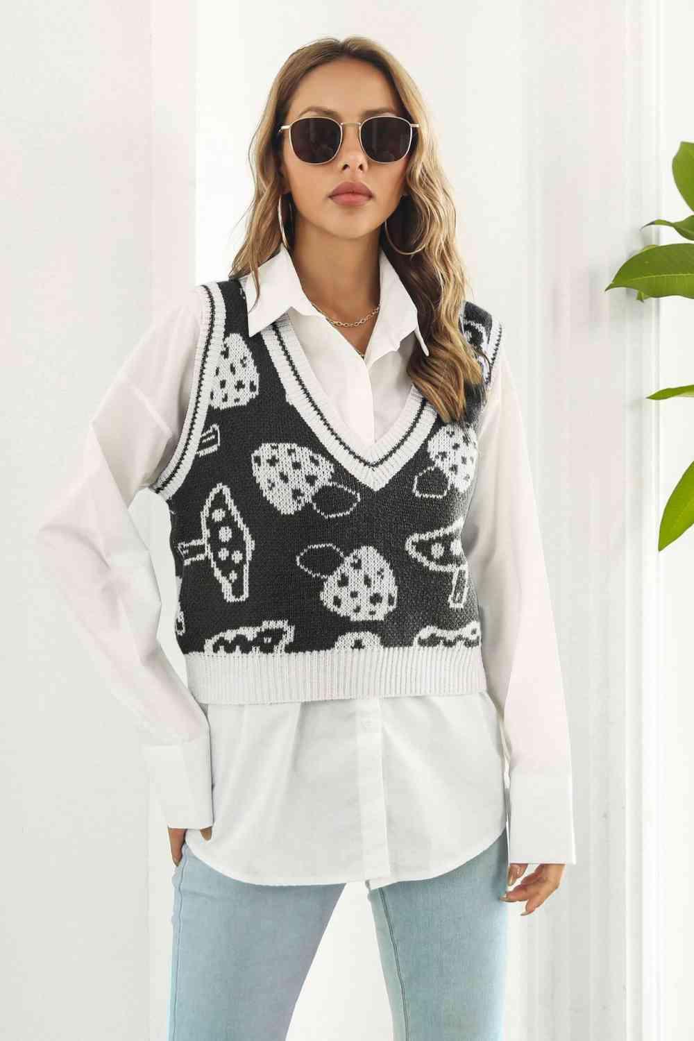 Printed Plunge Neck Sweater Vest - Immenzive
