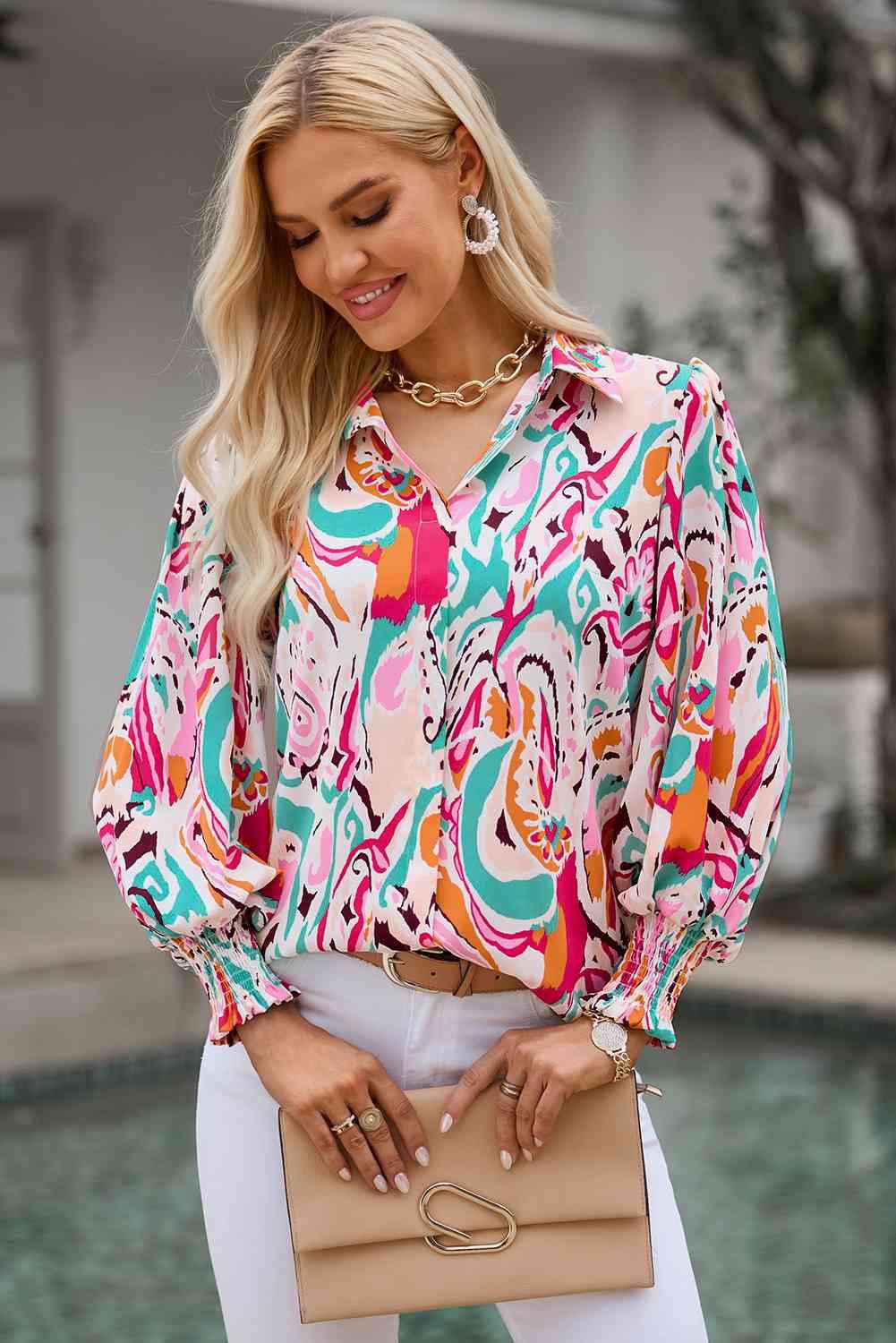 Printed Puff Sleeve Collared Blouse - Immenzive