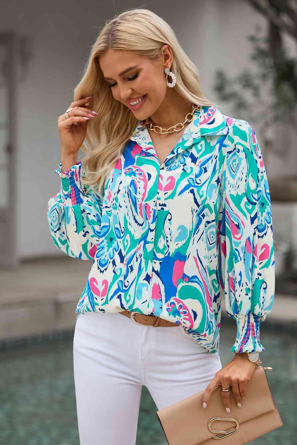 Printed Puff Sleeve Collared Blouse - Immenzive