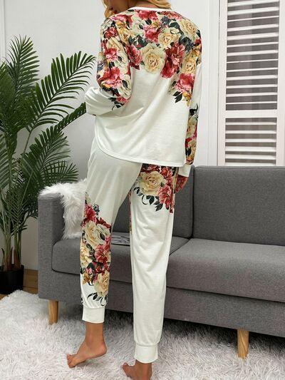 Printed Round Neck Top and Drawstring Pants Lounge Set - Immenzive