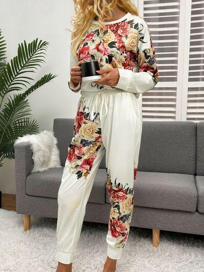 Printed Round Neck Top and Drawstring Pants Lounge Set - Immenzive