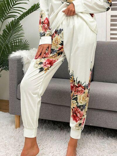 Printed Round Neck Top and Drawstring Pants Lounge Set - Immenzive