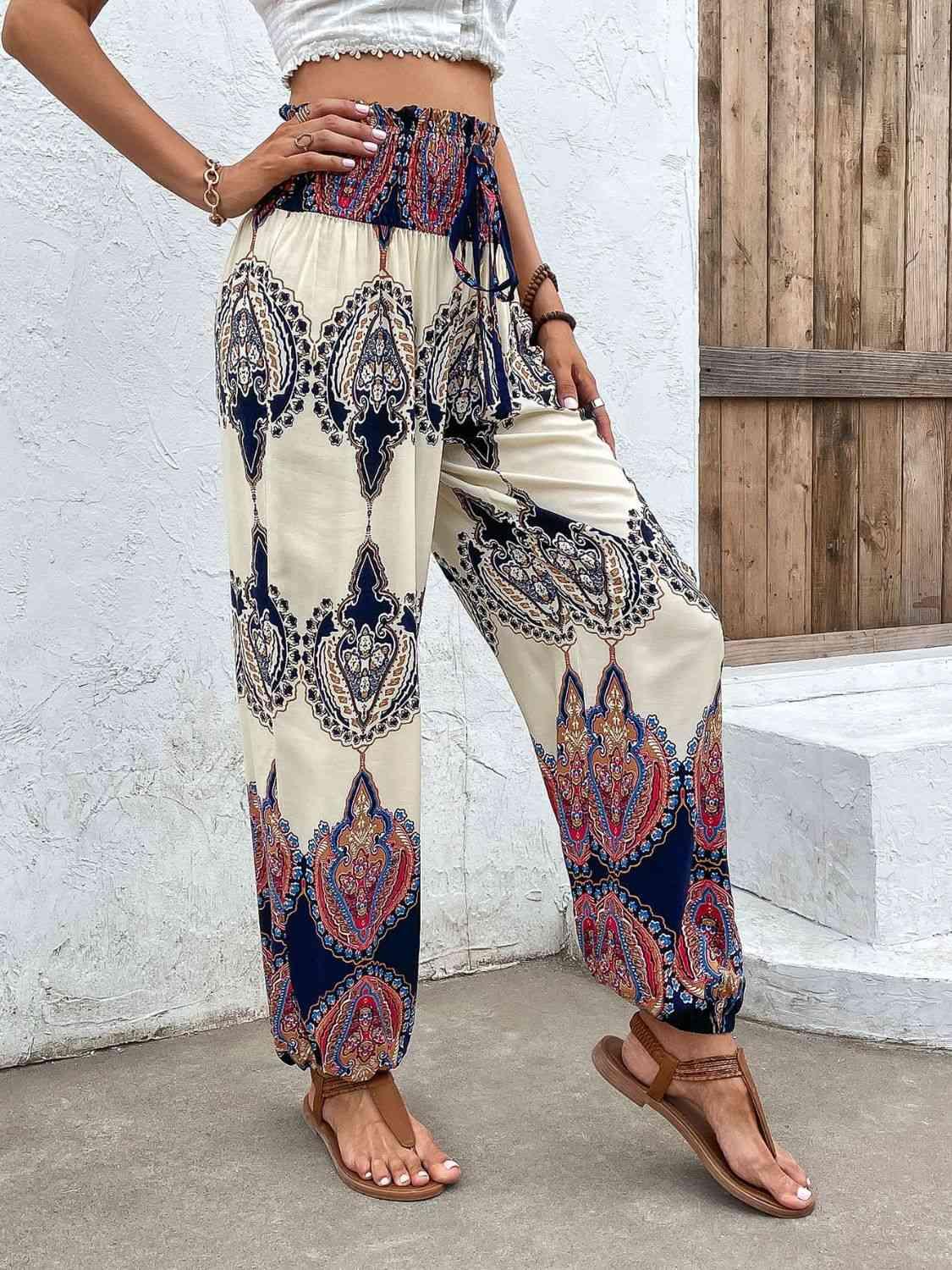 Printed Smocked High Waist Pants - Immenzive