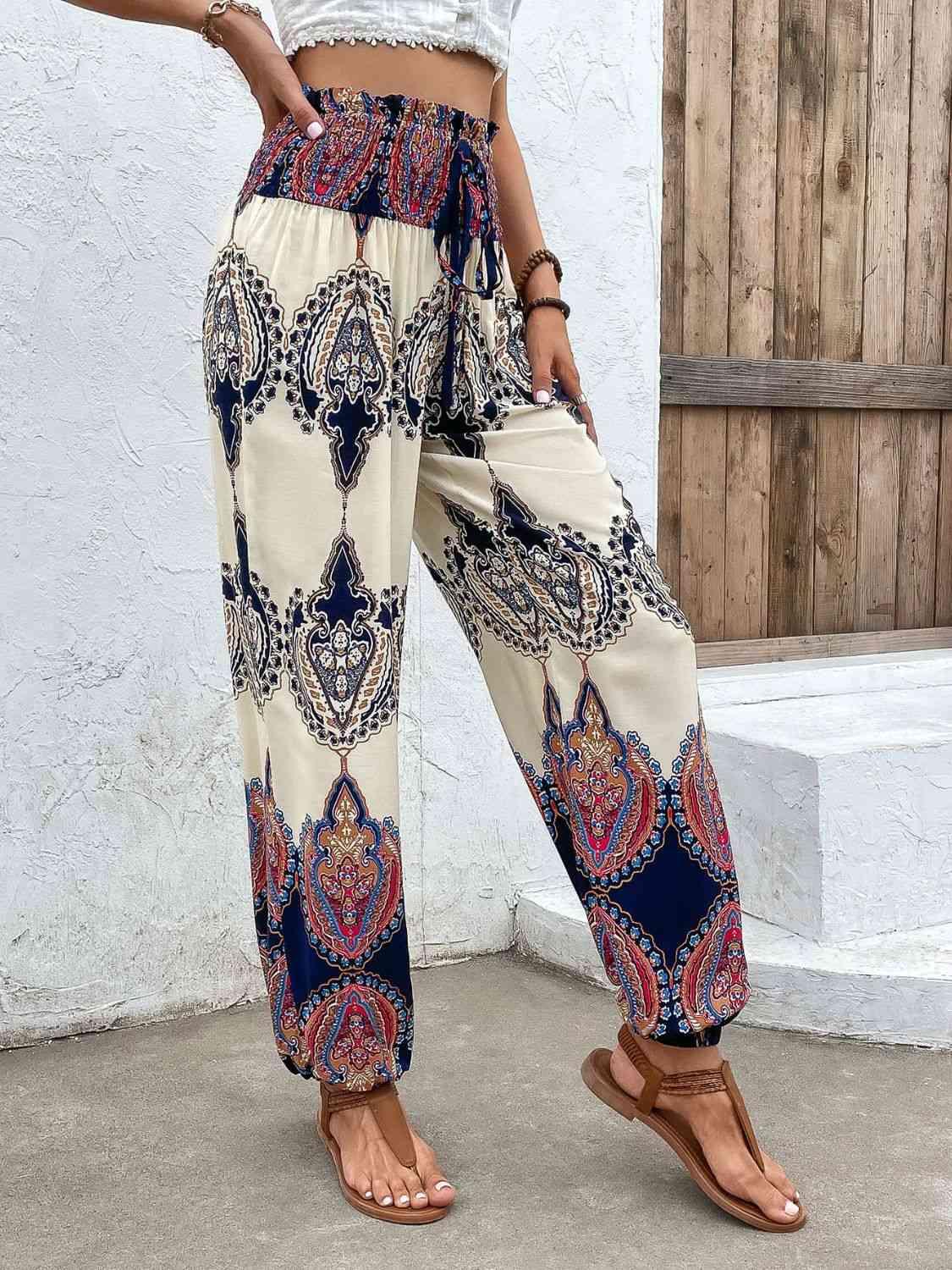 Printed Smocked High Waist Pants - Immenzive