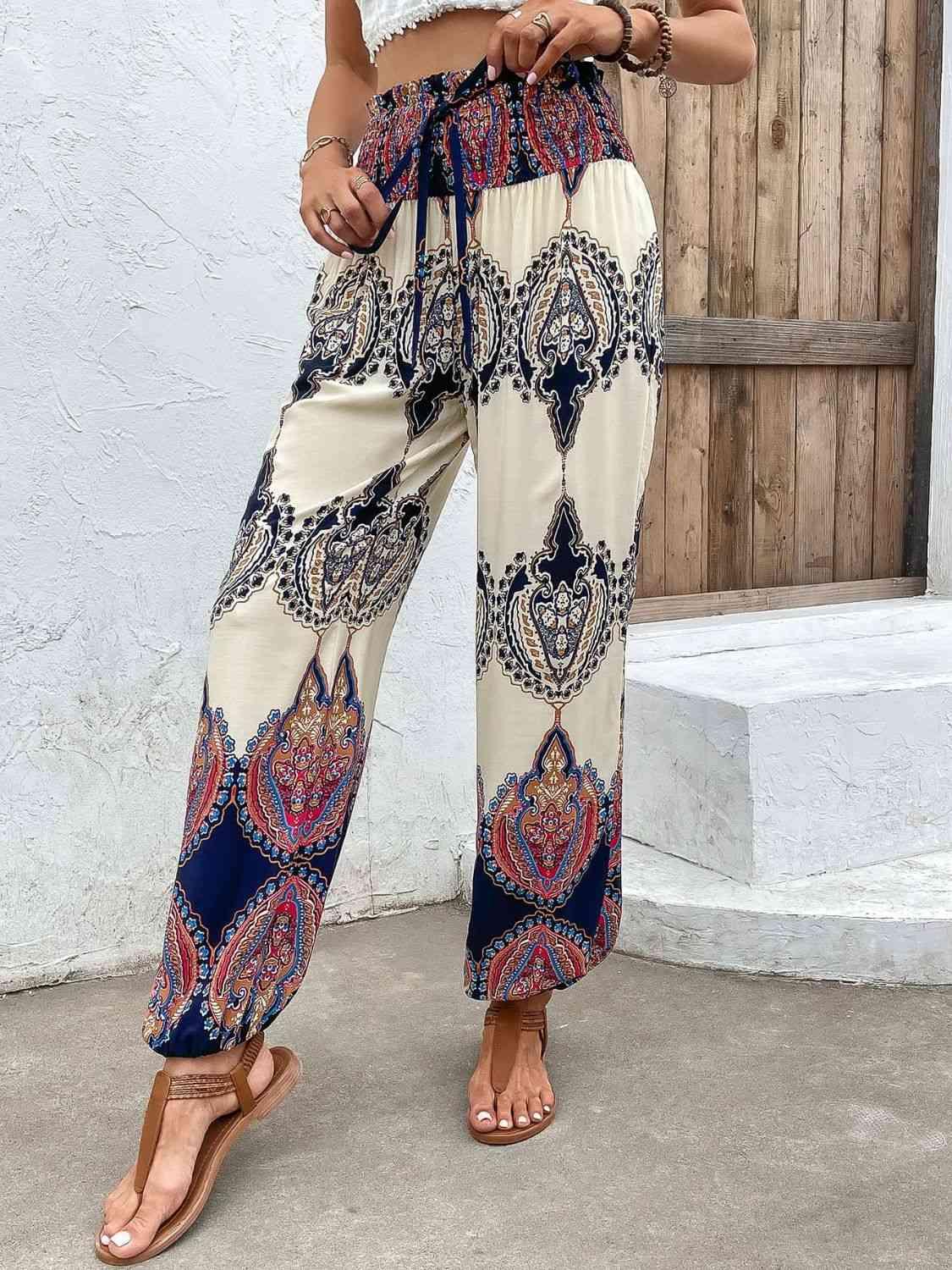 Printed Smocked High Waist Pants - Immenzive