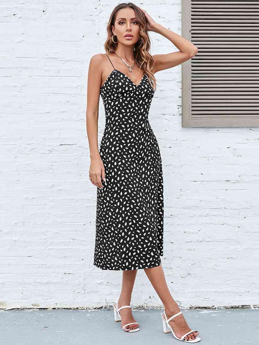 Printed Split Spaghetti Strap Plunge Dress - Immenzive