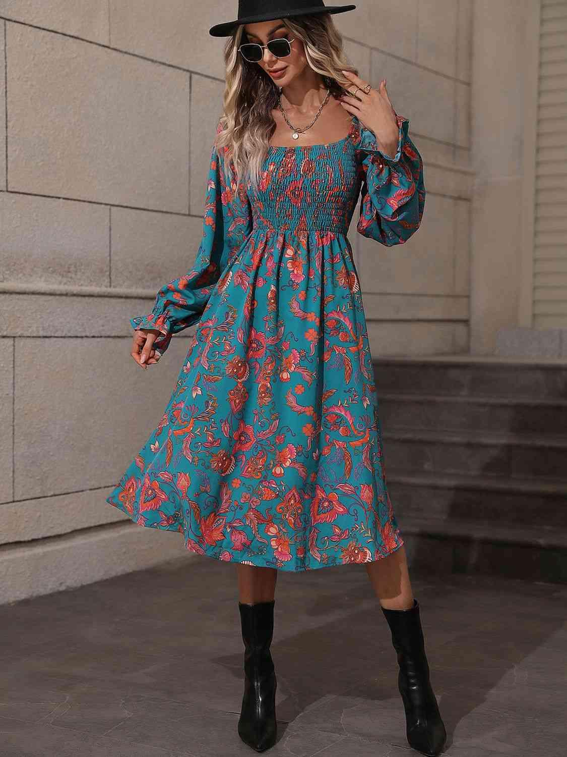 Printed Square Neck Flounce Sleeve Dress - Immenzive