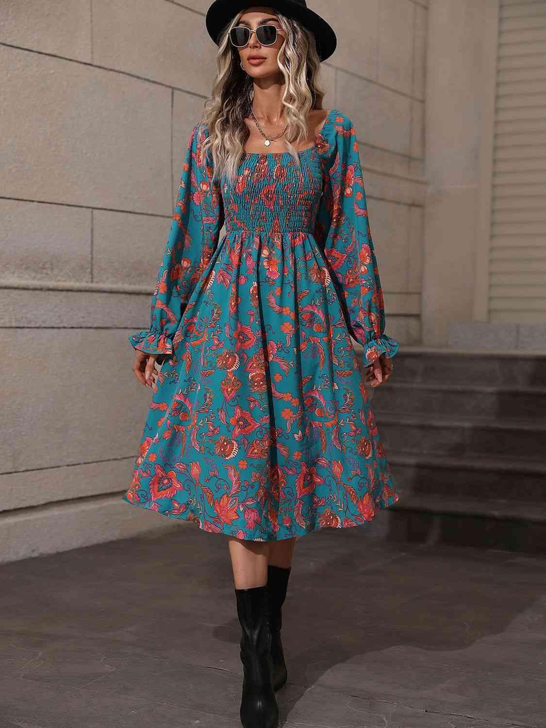 Printed Square Neck Flounce Sleeve Dress - Immenzive