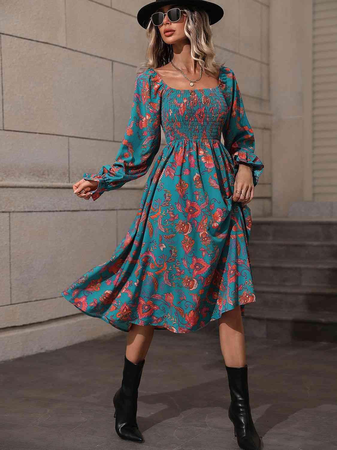 Printed Square Neck Flounce Sleeve Dress - Immenzive