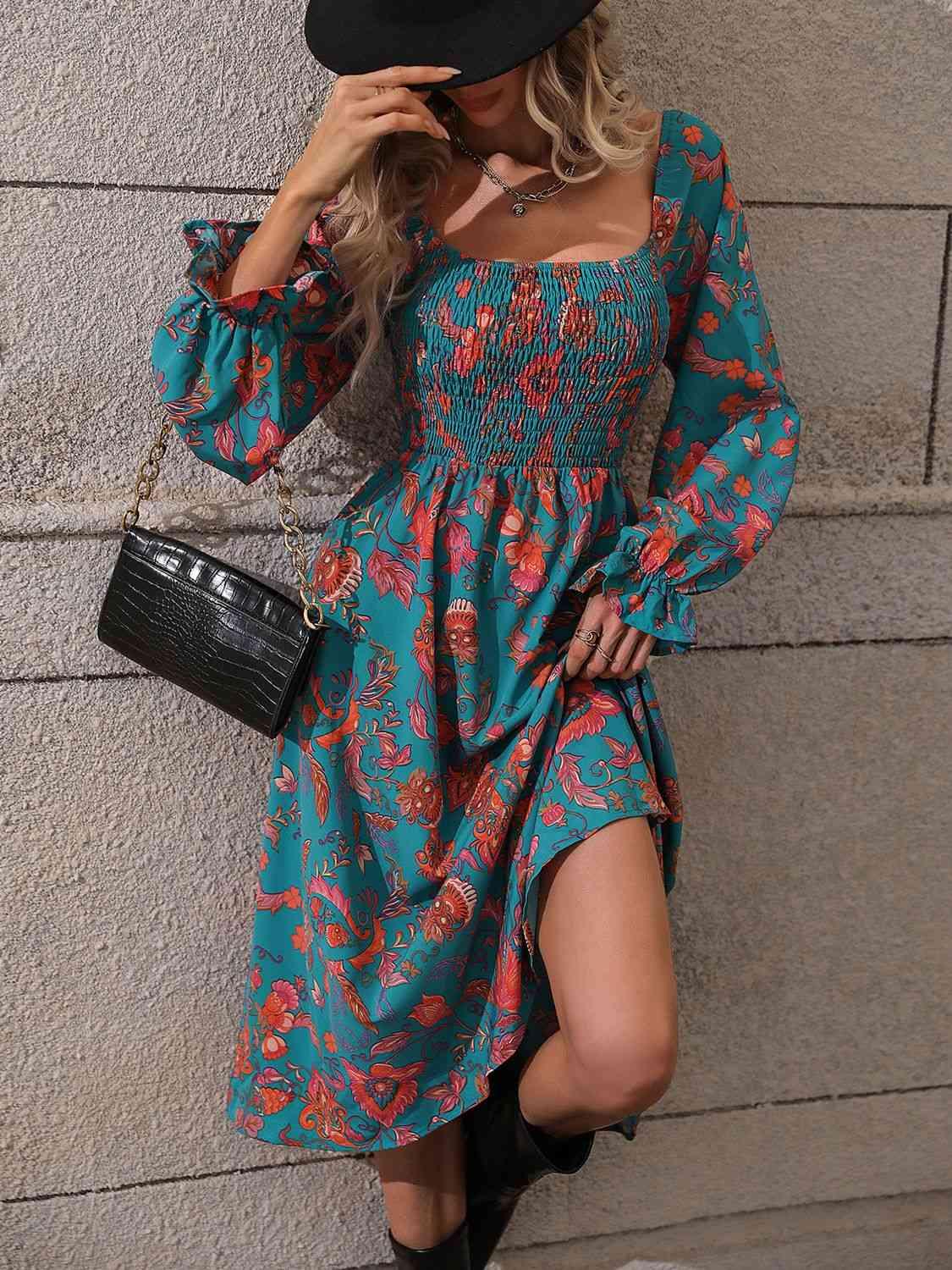 Printed Square Neck Flounce Sleeve Dress - Immenzive