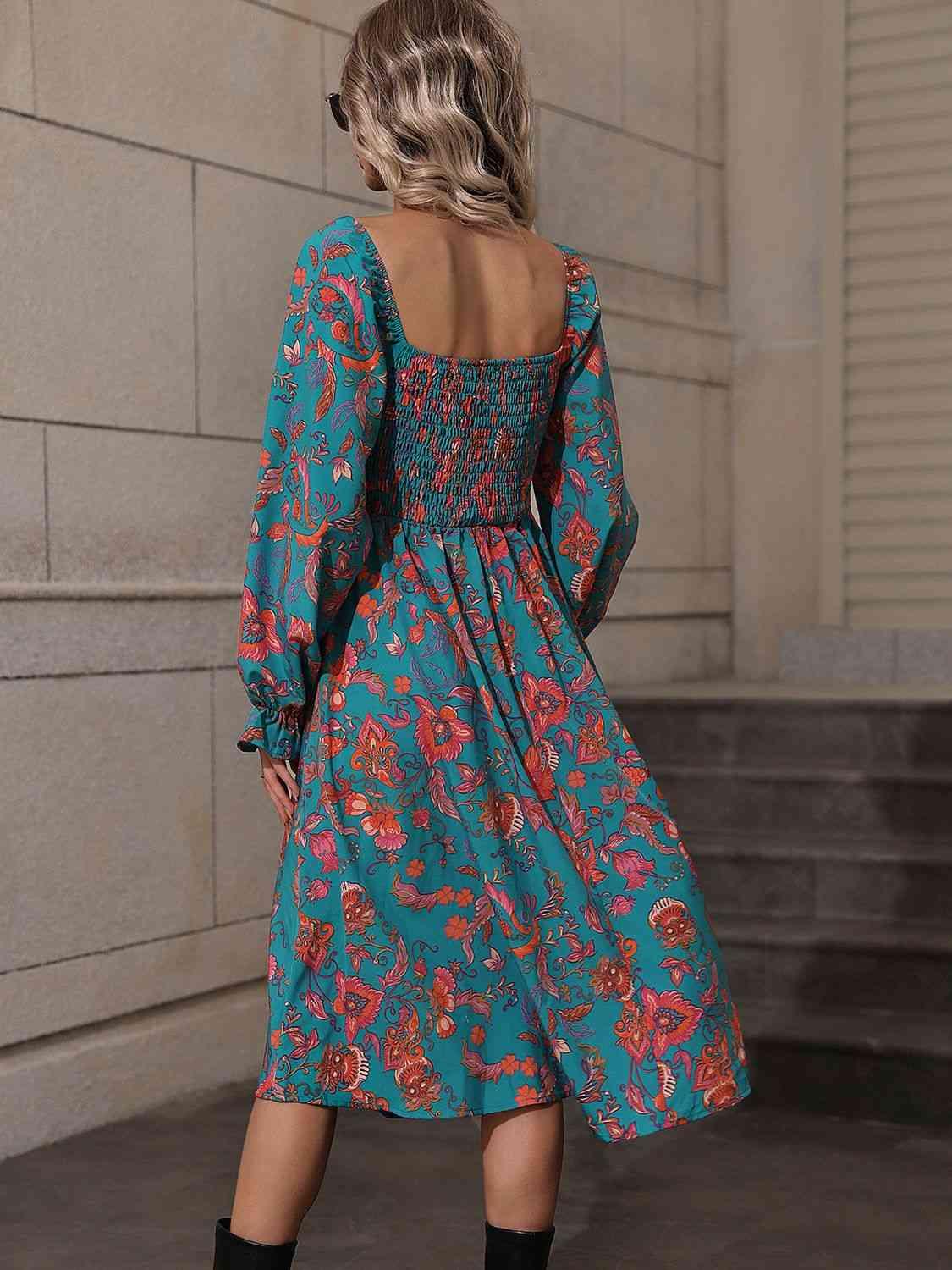 Printed Square Neck Flounce Sleeve Dress - Immenzive