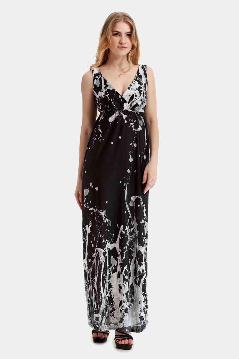 Printed Surplice Neck Sleeveless Maxi Dress - Immenzive