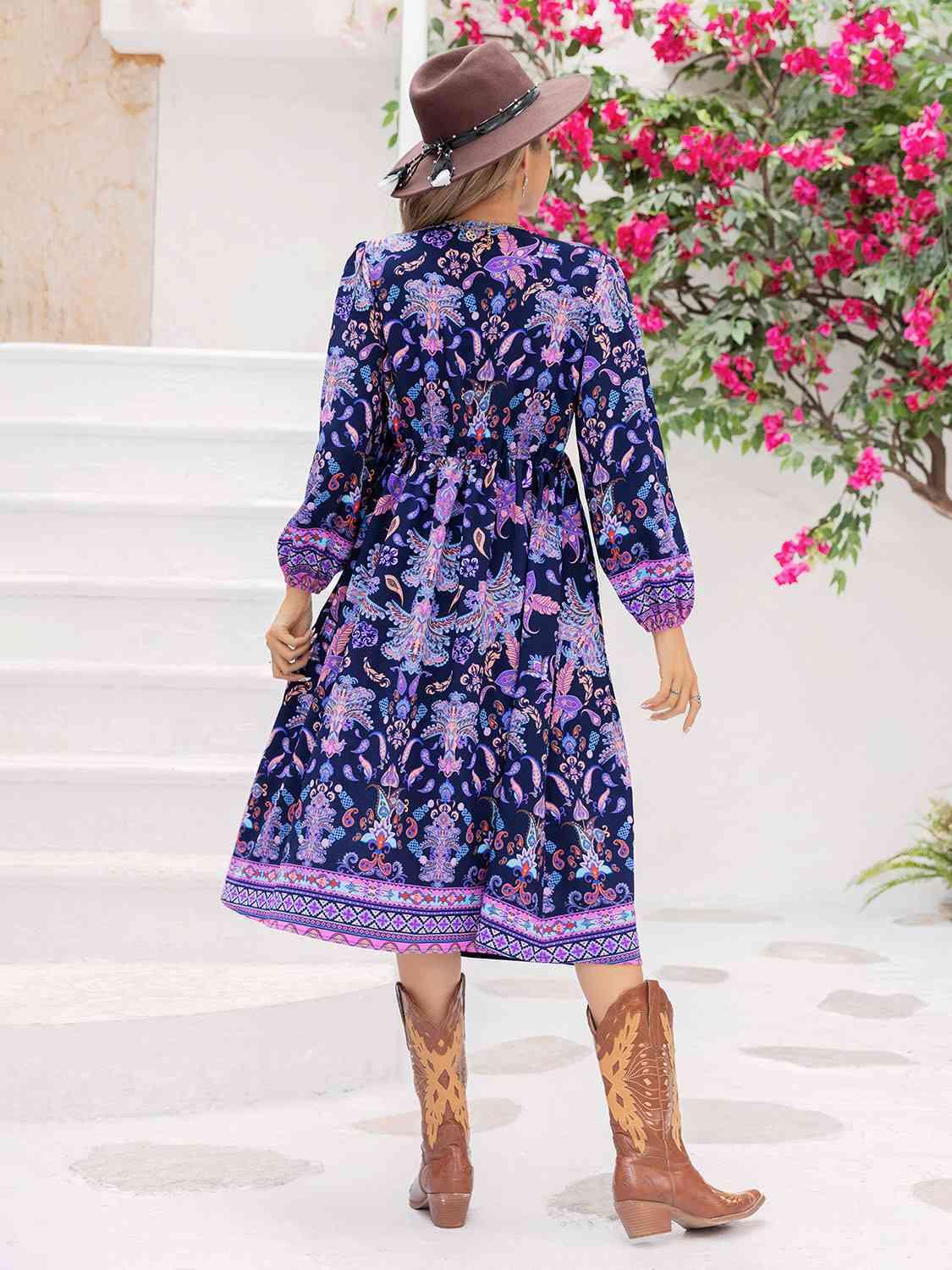 Printed Tie Neck Long Sleeve Midi Dress - Immenzive