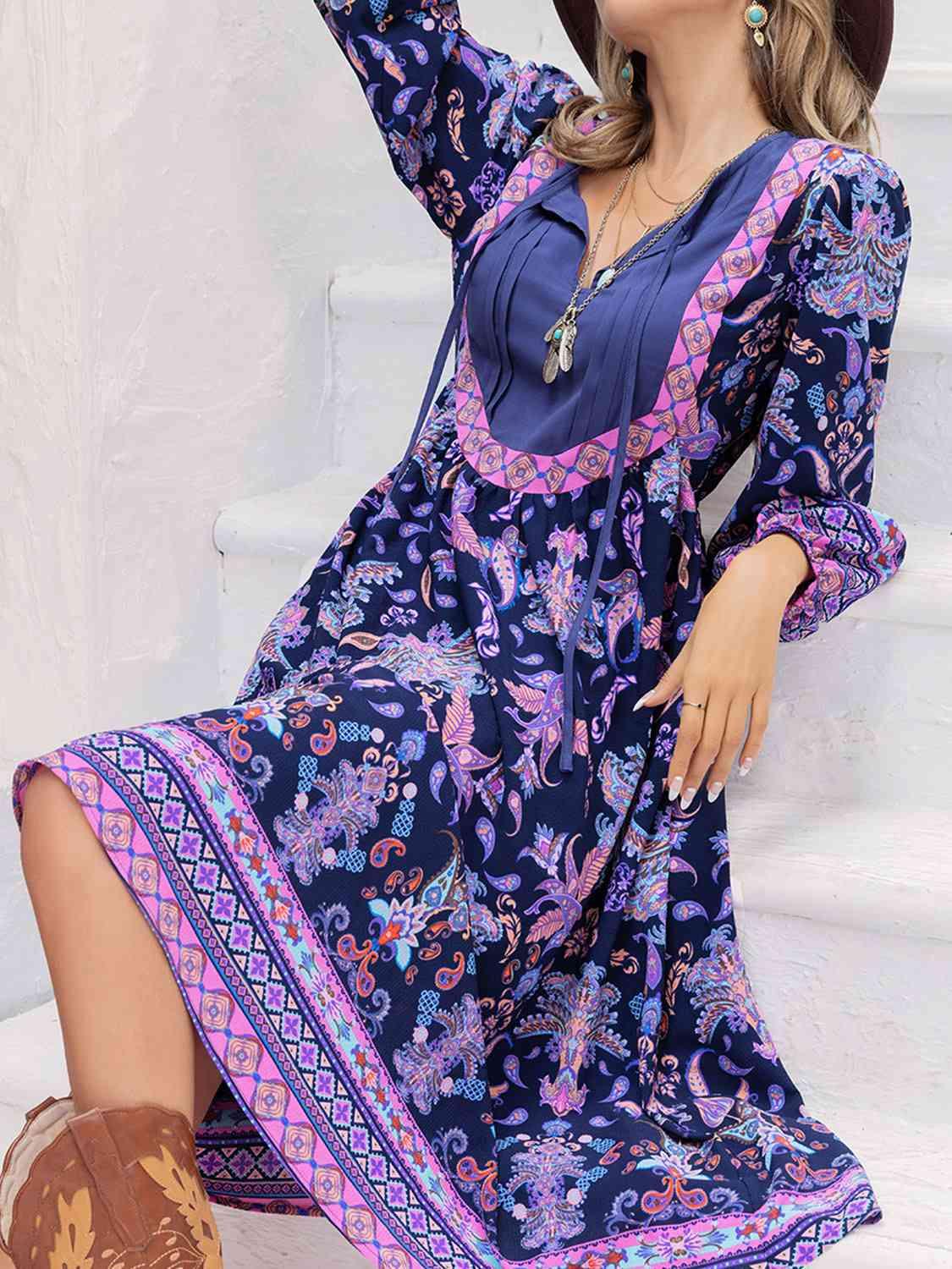 Printed Tie Neck Long Sleeve Midi Dress - Immenzive