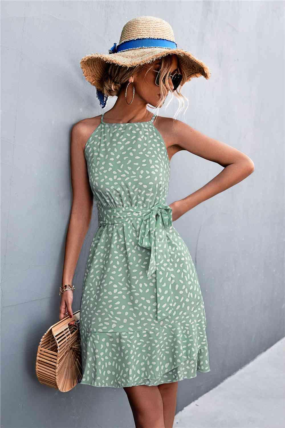 Printed Tie Waist Ruffle Hem Sleeveless Dress - Immenzive