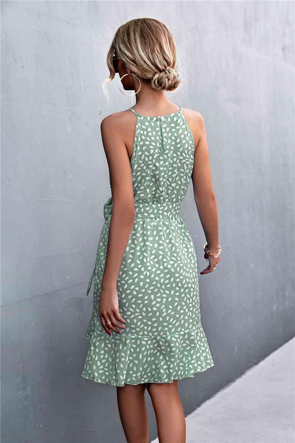 Printed Tie Waist Ruffle Hem Sleeveless Dress - Immenzive