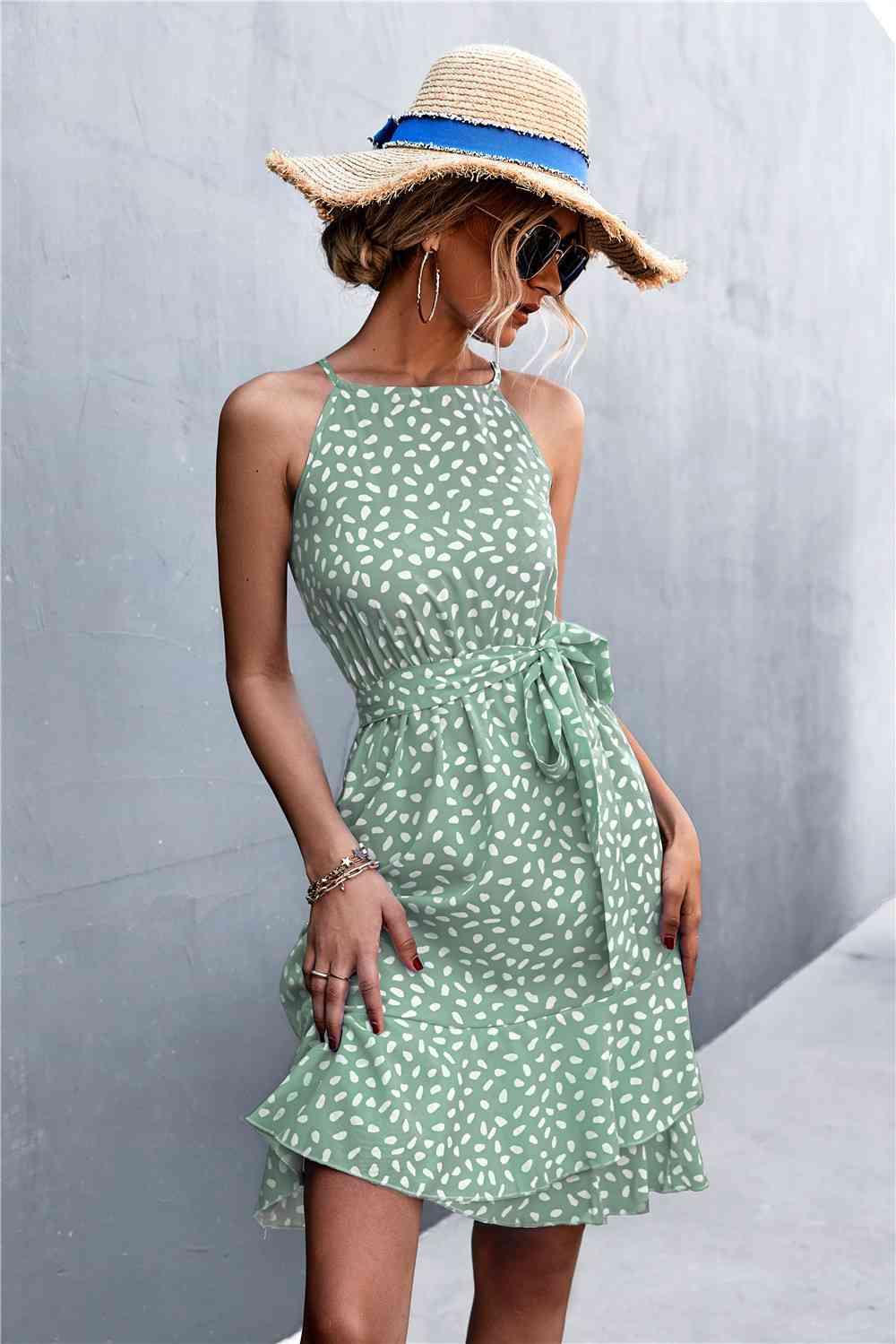 Printed Tie Waist Ruffle Hem Sleeveless Dress - Immenzive