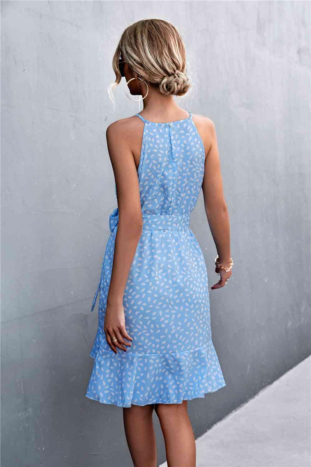 Printed Tie Waist Ruffle Hem Sleeveless Dress - Immenzive