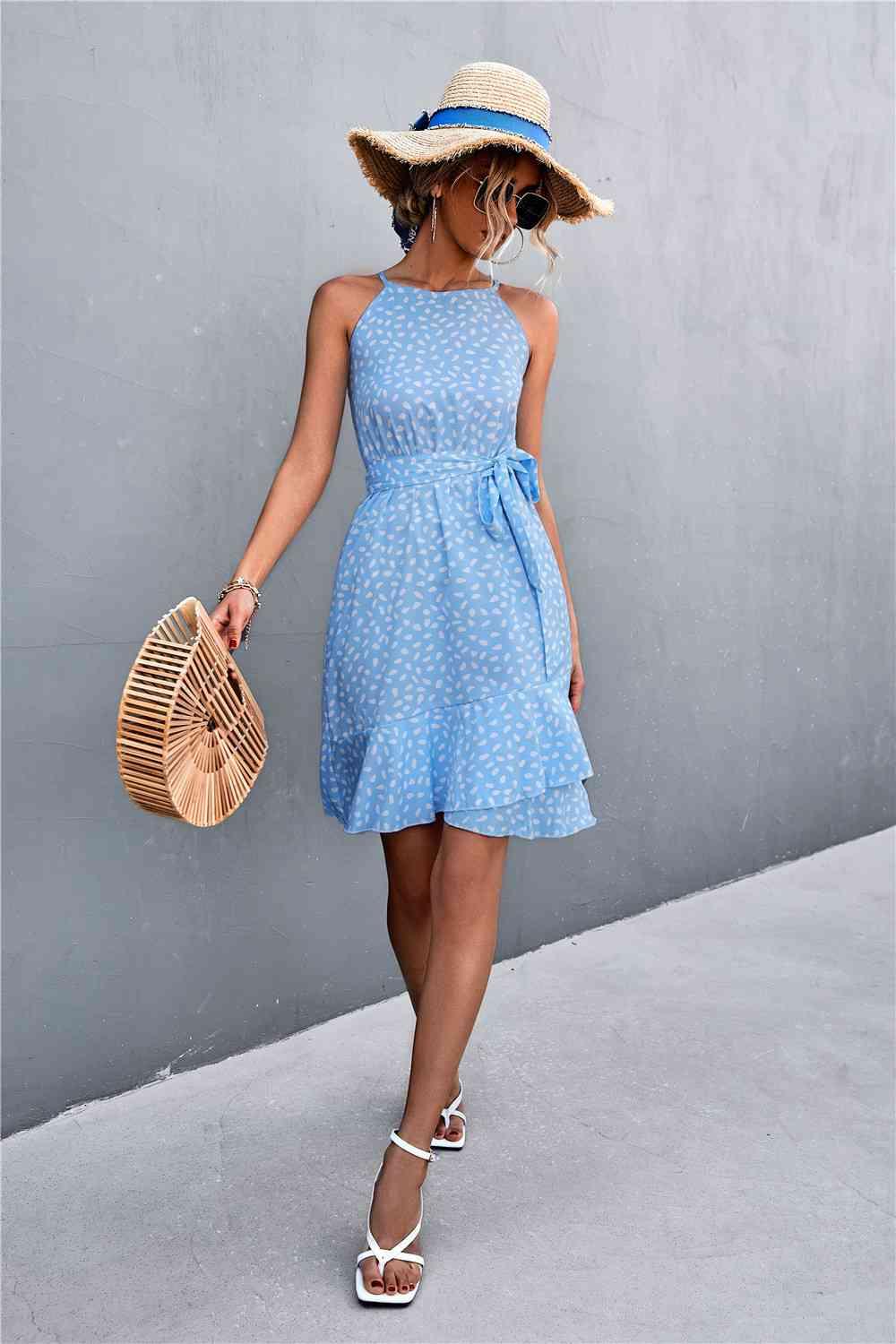 Printed Tie Waist Ruffle Hem Sleeveless Dress - Immenzive