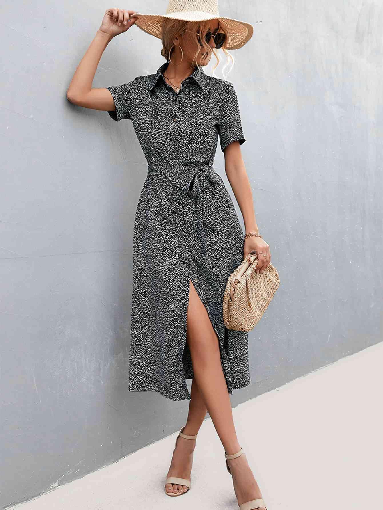 Printed Tie Waist Short Sleeve Shirt Dress - Immenzive