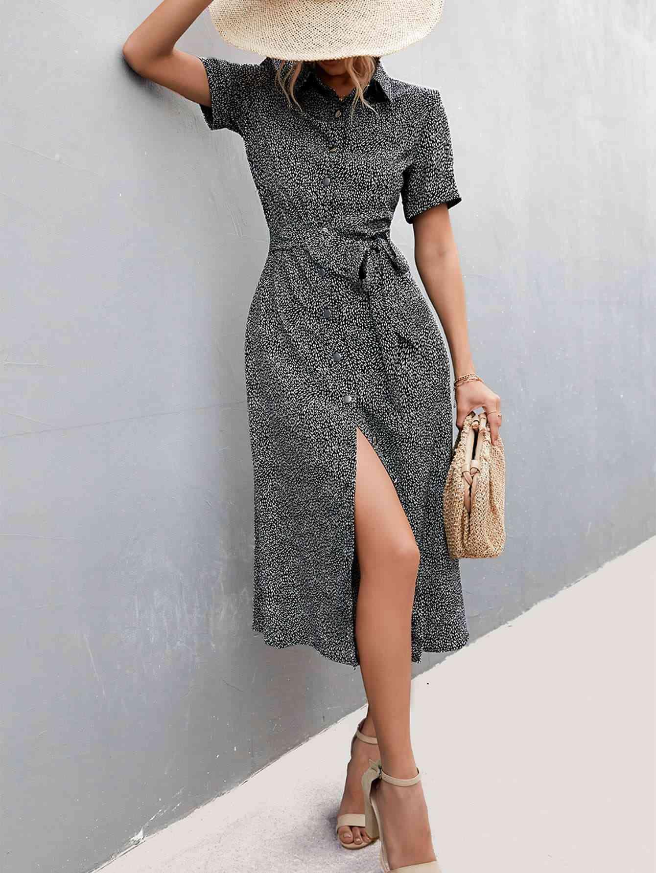 Printed Tie Waist Short Sleeve Shirt Dress - Immenzive