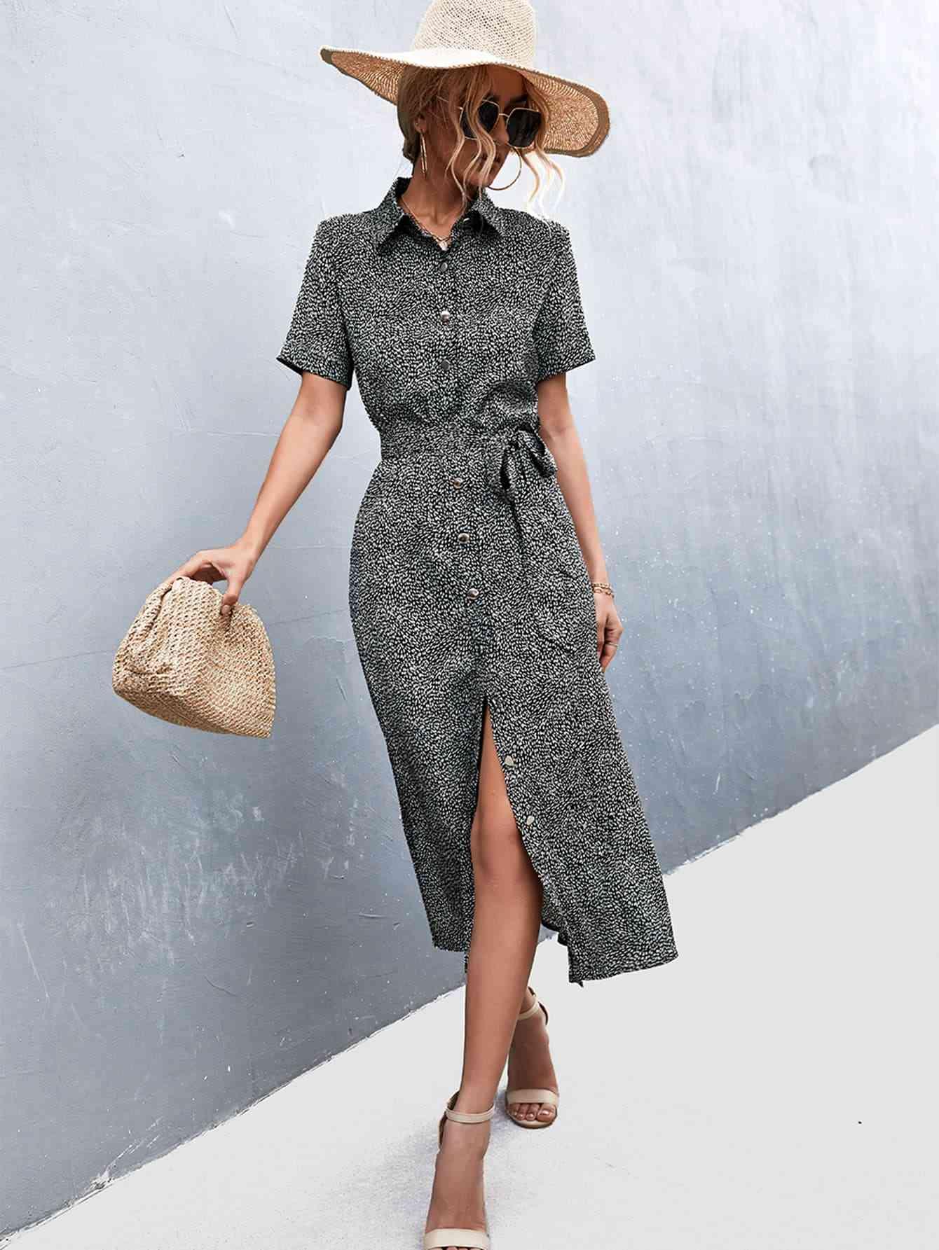 Printed Tie Waist Short Sleeve Shirt Dress - Immenzive