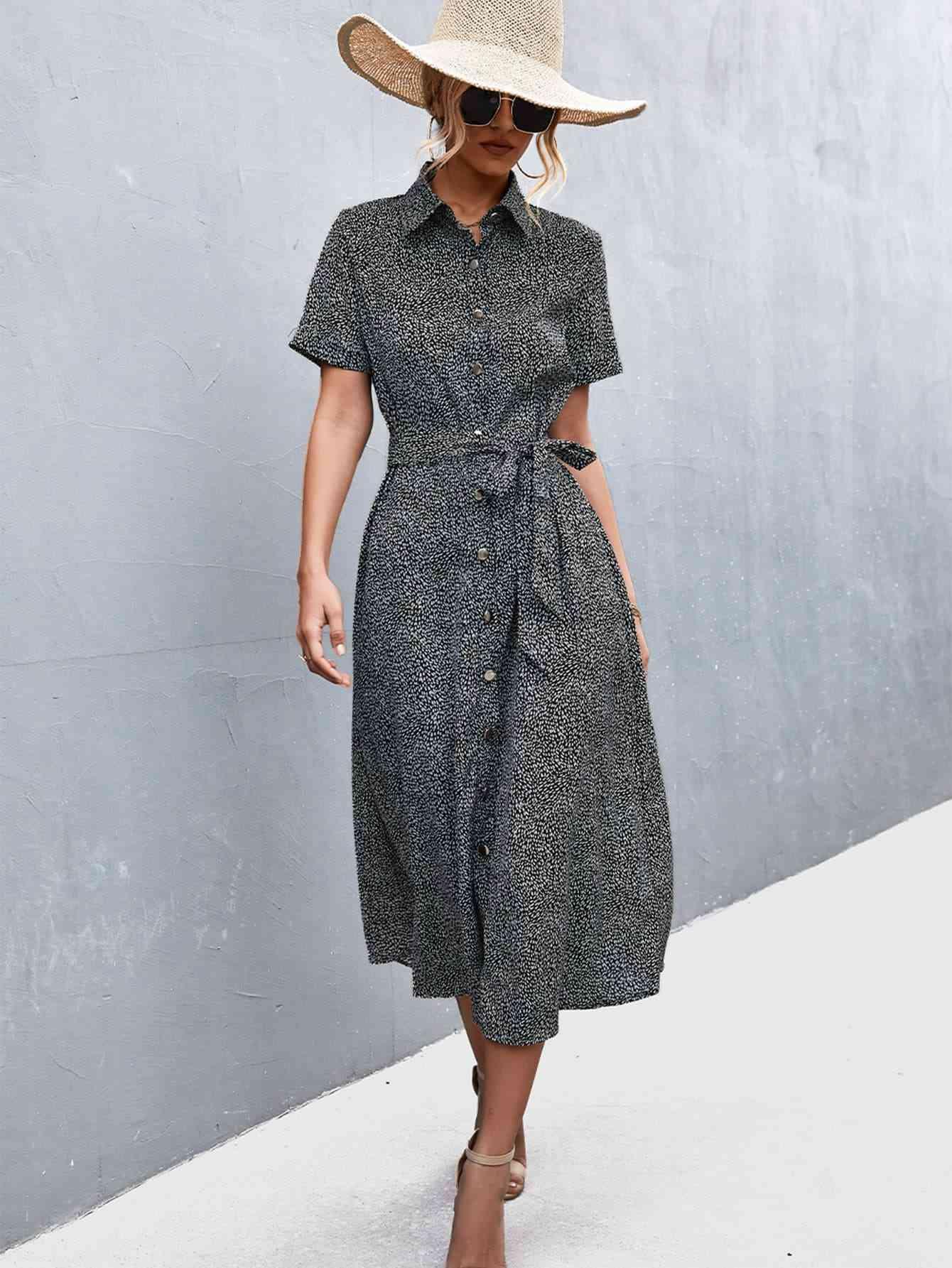 Printed Tie Waist Short Sleeve Shirt Dress - Immenzive