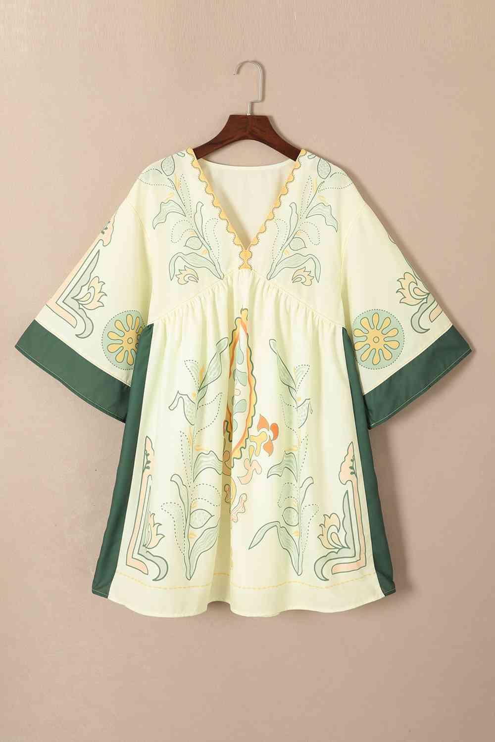 Printed V-Neck Kimono Sleeve Dress - Immenzive