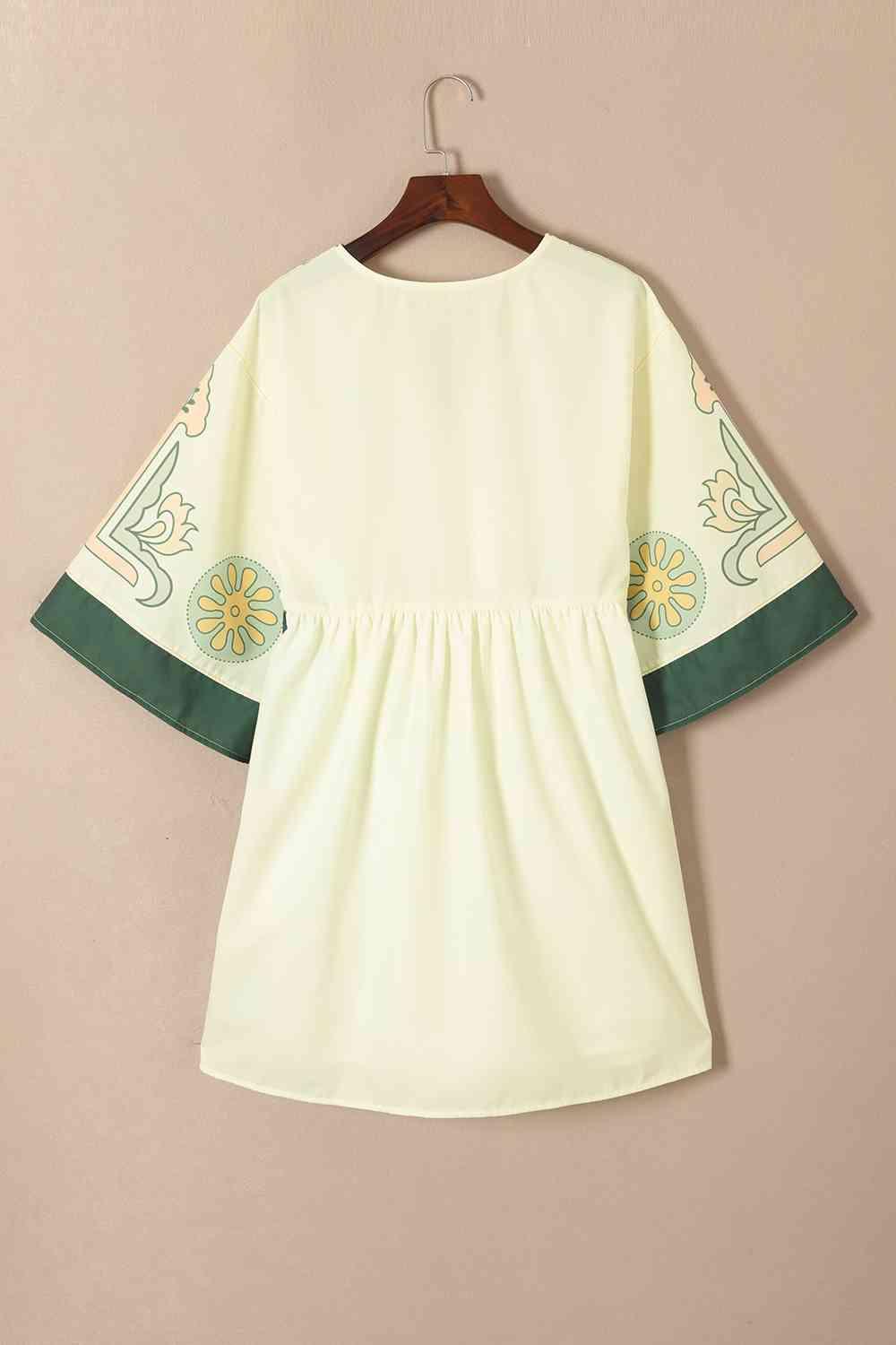 Printed V-Neck Kimono Sleeve Dress - Immenzive