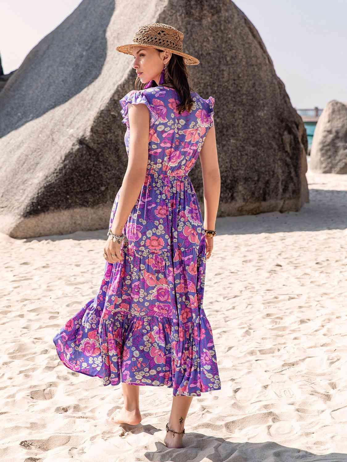 Printed V-Neck Midi Dress - Immenzive