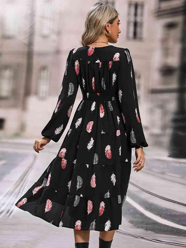 Printed V-Neck Slit Dress - Immenzive