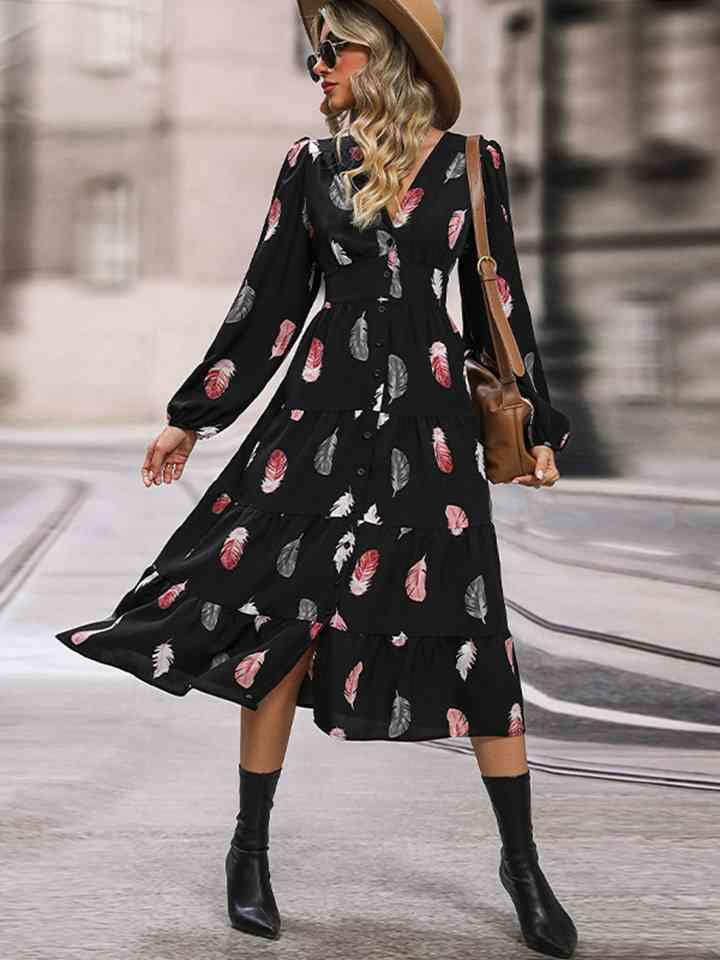 Printed V-Neck Slit Dress - Immenzive