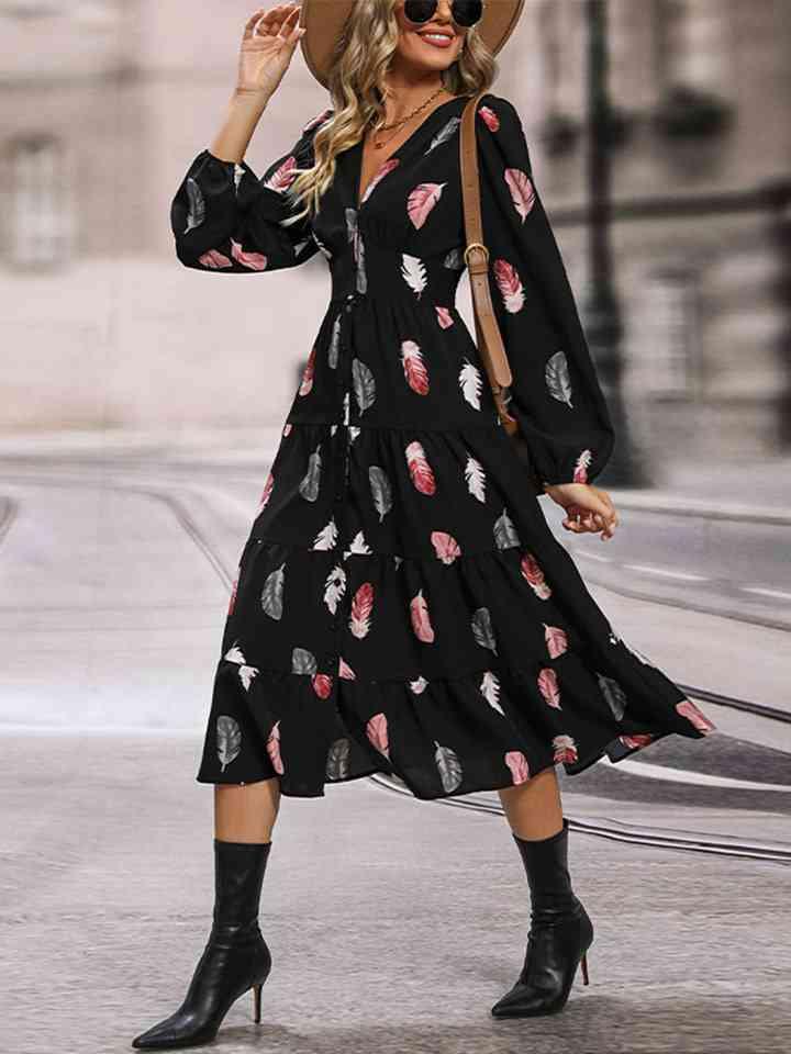Printed V-Neck Slit Dress - Immenzive