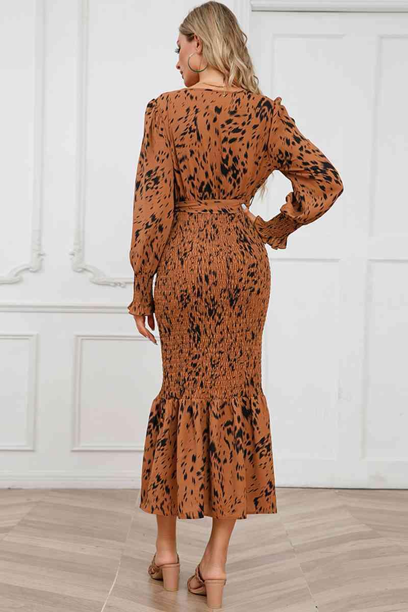 Printed V-Neck Smocked Midi Dress - Immenzive
