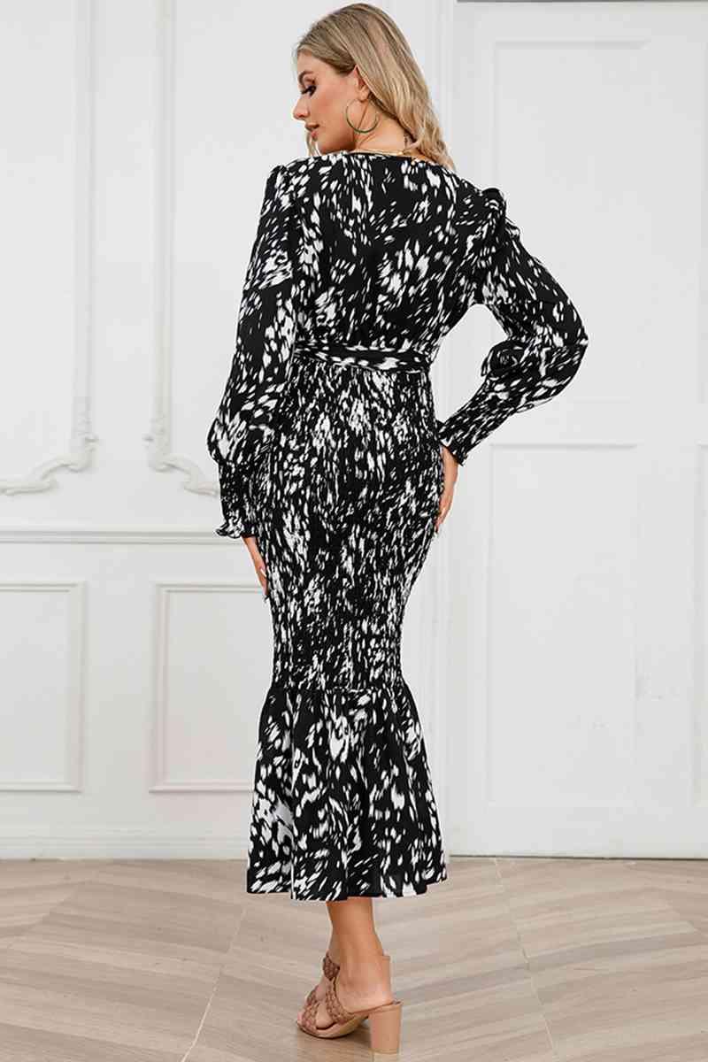 Printed V-Neck Smocked Midi Dress - Immenzive