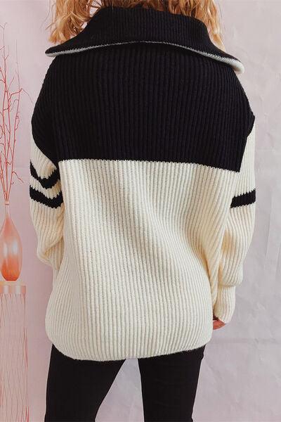 Quarter Zip Striped Dropped Shoulder Sweater - Immenzive