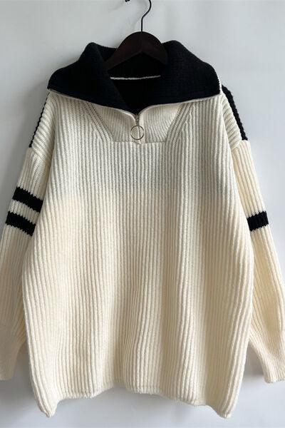 Quarter Zip Striped Dropped Shoulder Sweater - Immenzive