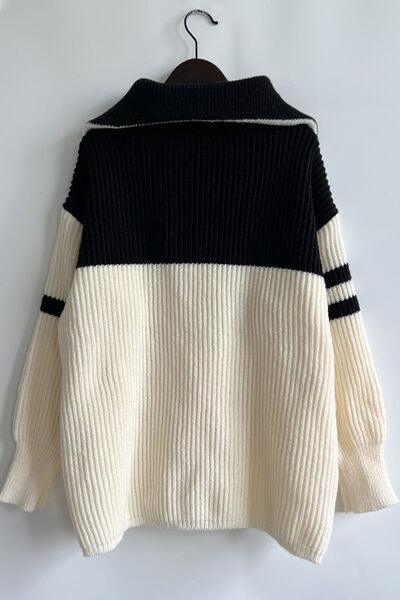 Quarter Zip Striped Dropped Shoulder Sweater - Immenzive